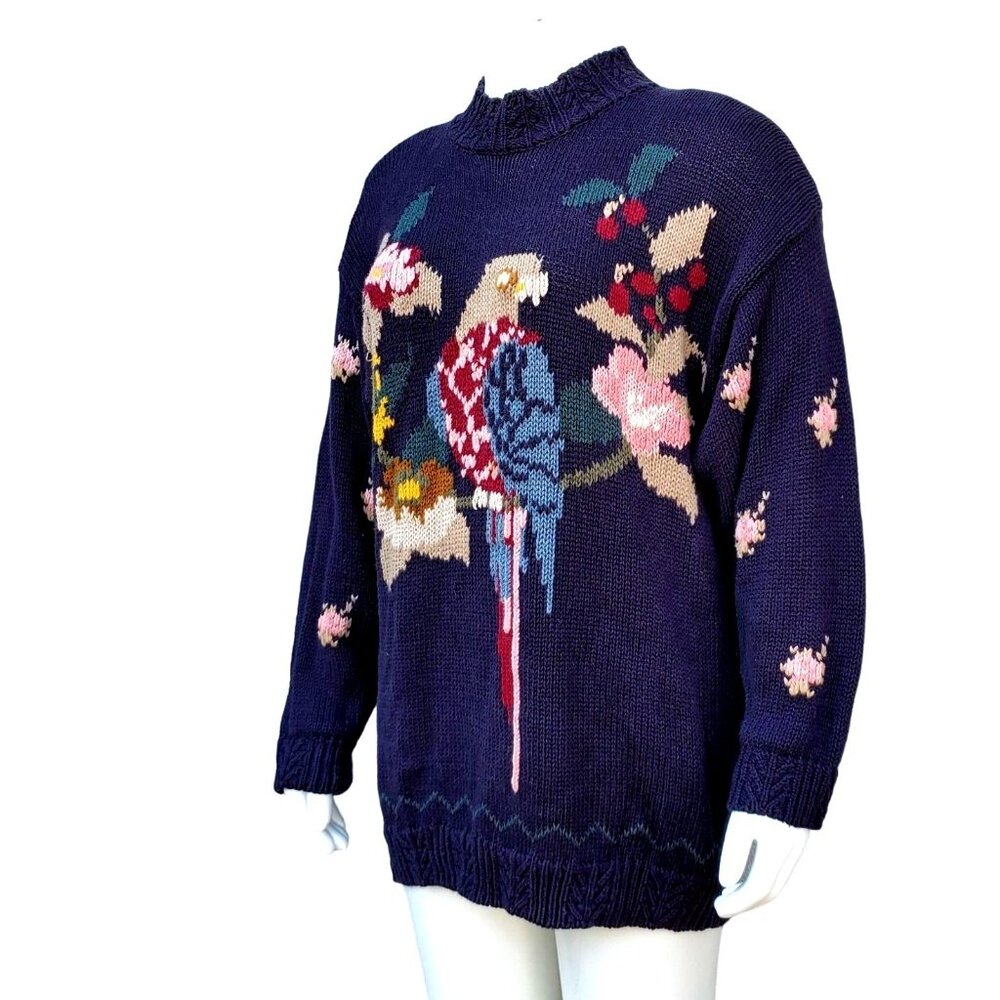 80s Sweater Plus Size Black Knit Parrot Tarazzia Cotton Volup Vintage Hong Kong - Picture 3 of 15